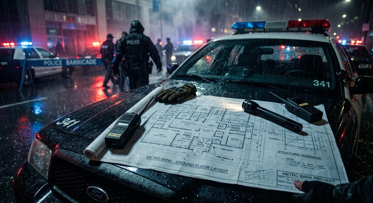 Un plano de un edificio extendido sobre el capó de un patrullero, bajo la lluvia